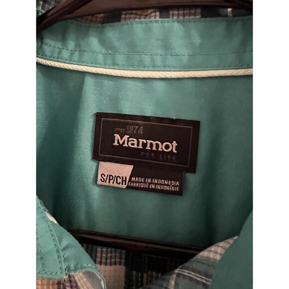 Marmot Teal Plaid Button Up Shirt Sz S Outdoor Hiking Camping - Picture 2 of 6
